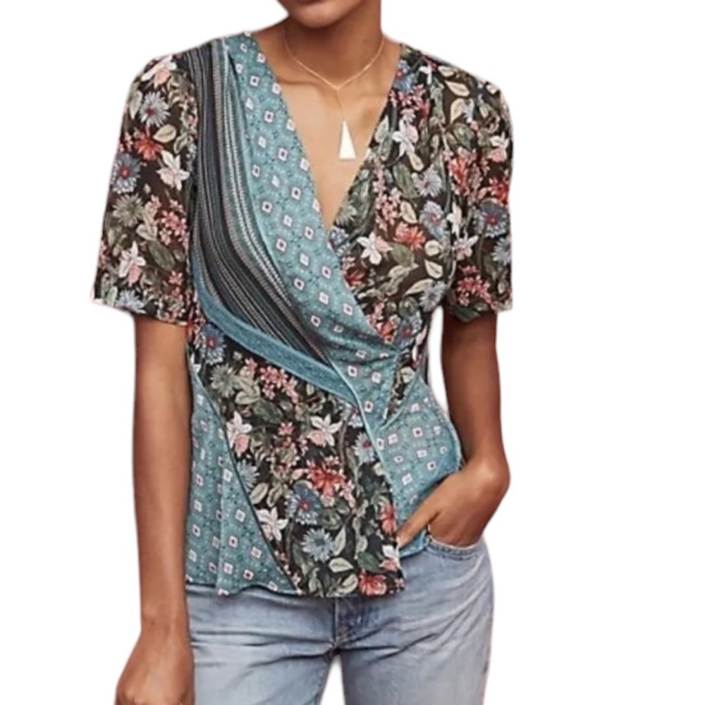 Anthropologie TINY Lovely Patchwork Floral Printed Wrap Top - S